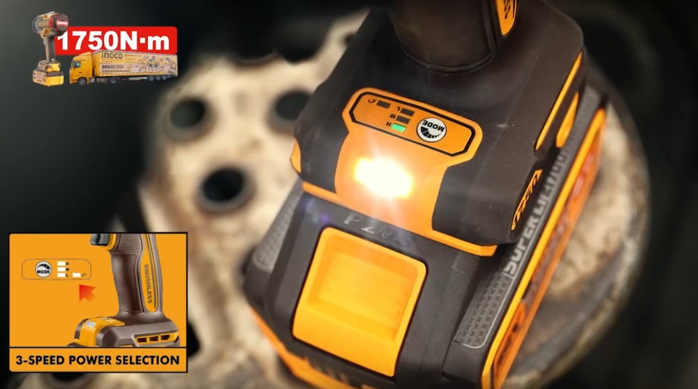 Аккумуляторный бесщеточный ударный гайковерт INGCO CIWLI201751 INDUSTRIAL 20 В 1/2" 1750 Нм / 2100 Нм