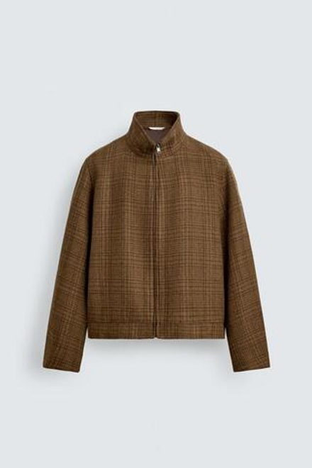 ZARA КУРТКА-РУБАШКА В КЛЕТКУ ИЗ СМЕСОВОЙ ШЕРСТИ, КОРИЧНЕВЫЙ
