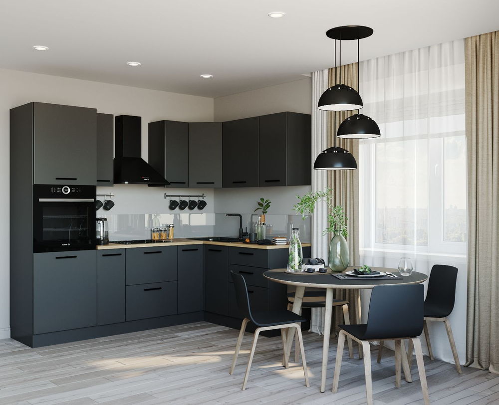 Кухонный гарнитур угловой Антрацит (графит) 2400 1600 мм столешница 26 мм, ЛДСП, просторная угловая кухня для гостиной, студии и большой семьи