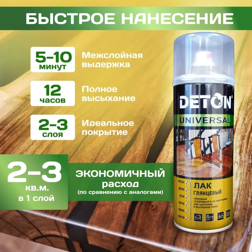 DETON UNIVERSAL  Алкидный аэрозольный ЛАК ГЛЯНЦЕВЫЙ атмосферостойкий 520мл