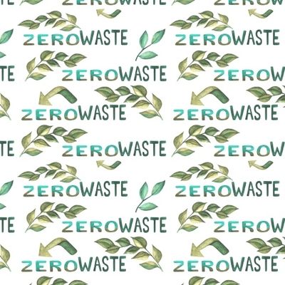 Zero Waste на белом фоне с зелеными листьями и стрелками