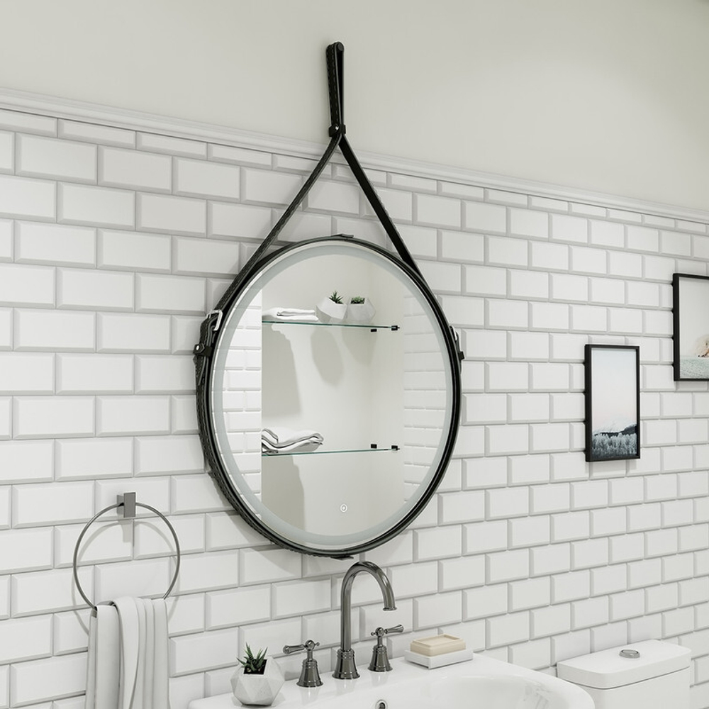 Зеркало "Millenium Black Led" D 650 на ремне из натуральной кожи черного цвета