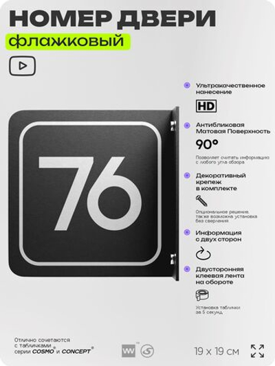 Табличка флажковая с номером 76 на дверь квартиры, для офиса, кабинета, аудитории, склада, черная двустороняя 19х19 см, Айдентика Технолоджи