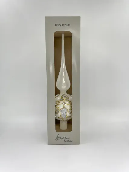 Елочная стеклянная макушка Кружевная 31 см., белая с золотом, Christmas DeLuxe (88558)