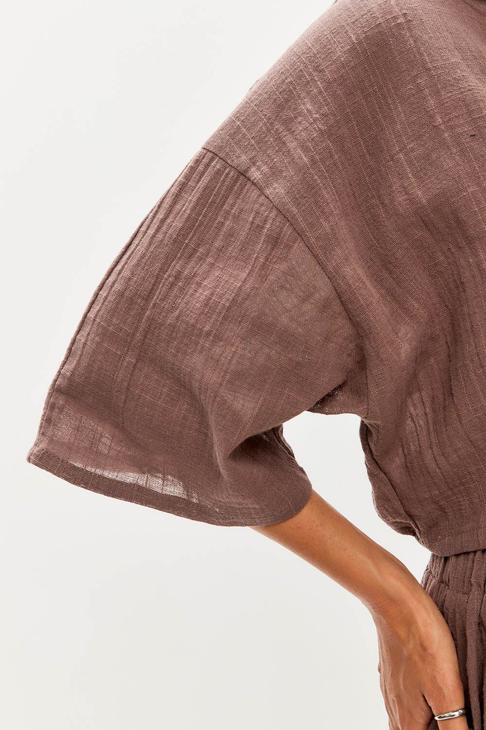 Блуза с завязками из хлопка stone wash шоколадного цвета