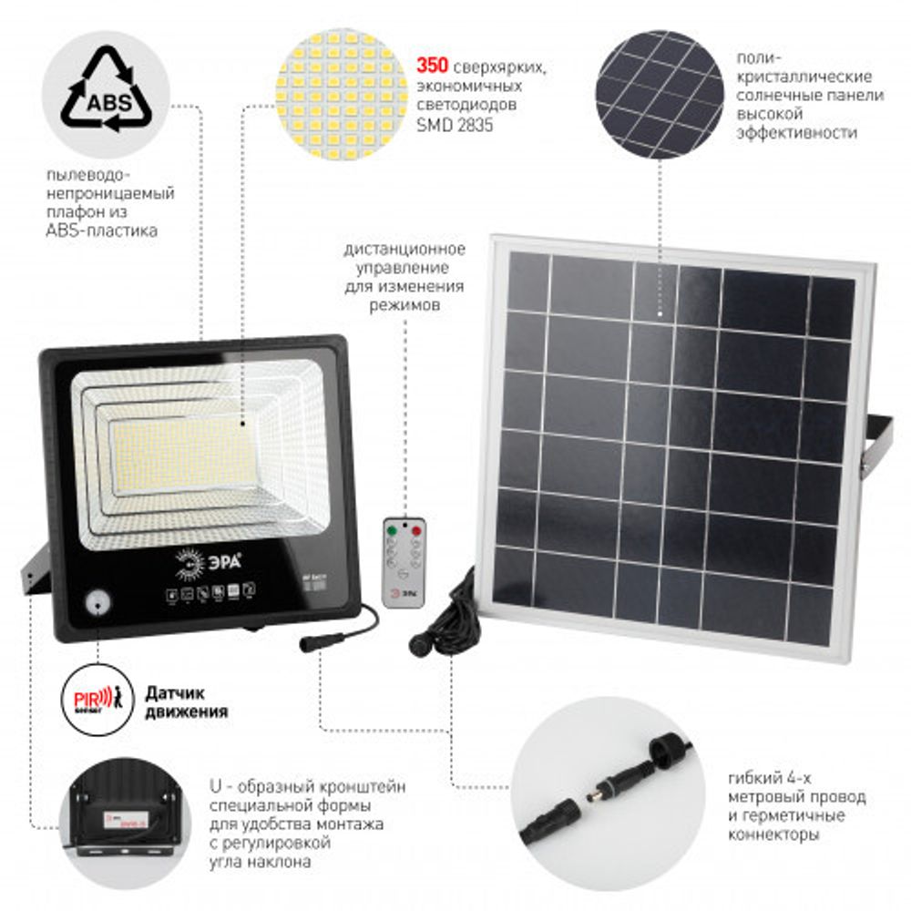 ЭРА Прожектор светодиодный уличный на солн. бат. 150W, 1500 lm, 5000K, с датч. движения, ПДУ, IP65 (