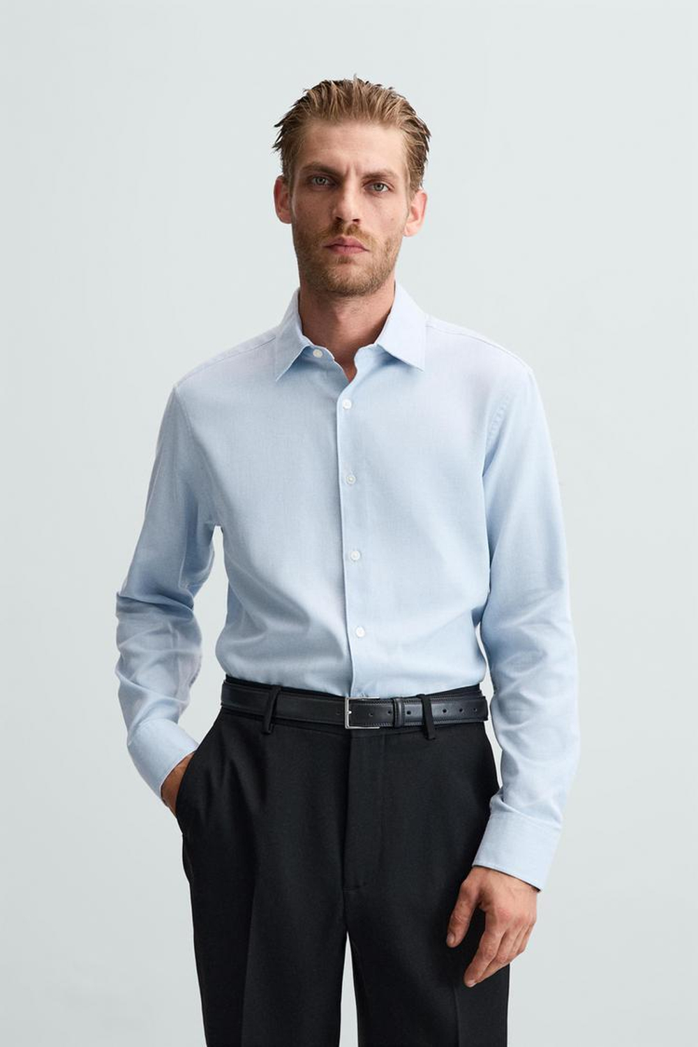 ZARA РУБАШКА ИЗ РЕЛЬЕФНОЙ ТКАНИ EASY CARE, НЕБЕСНО-ГОЛУБОЙ