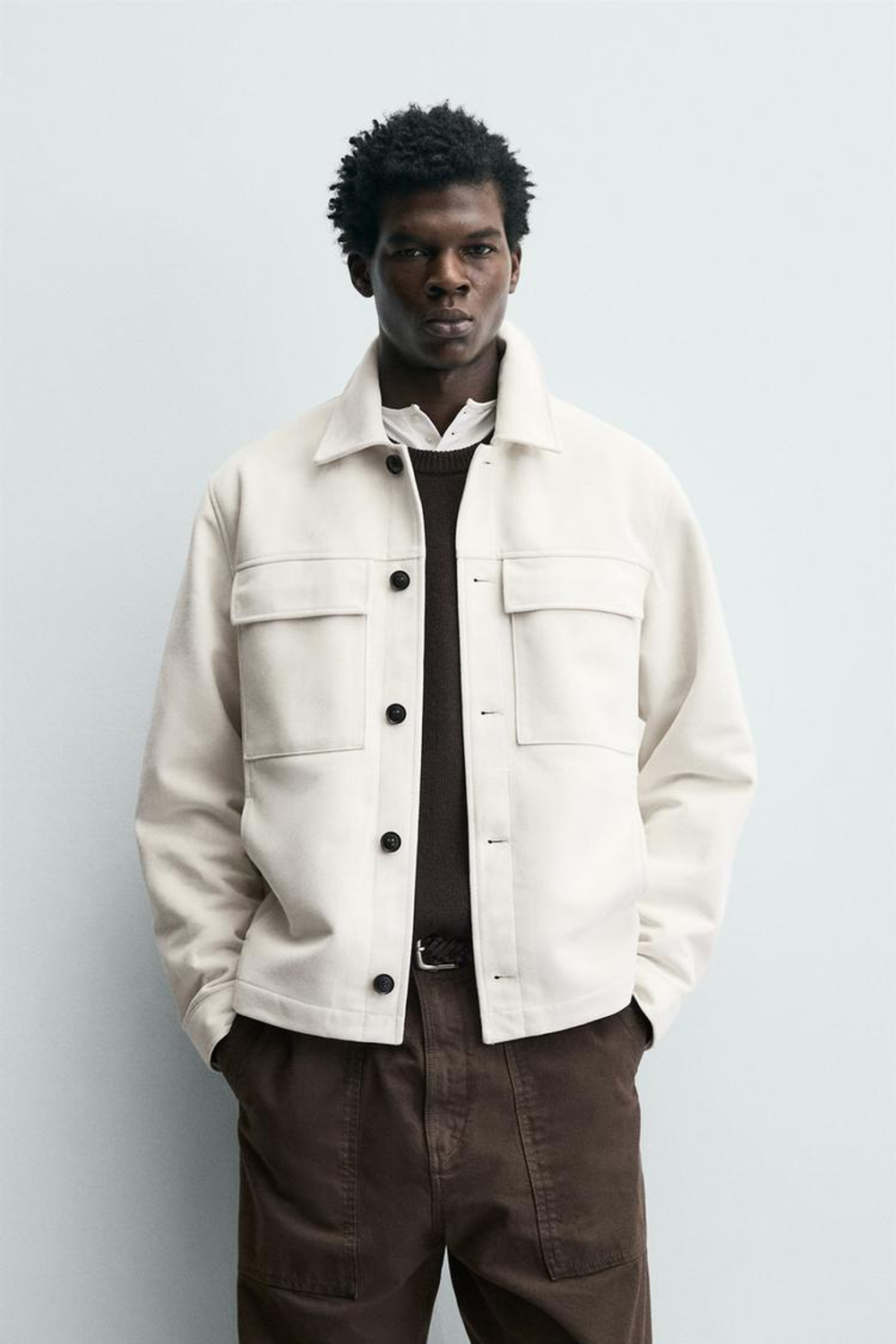 ZARA КУРТКА-РУБАШКА ИЗ ИСКУССТВЕННОЙ ЗАМШИ, ЖЕЛТОВАТО-БЕЛЫЙ