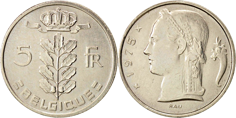 Бельгия 5 франков, 1948-1981 Надпись на французском - 'BELGIQUE' XF