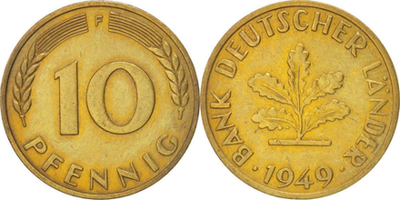 Германия 10 пфеннигов, 1949 F Дубовые листья XF