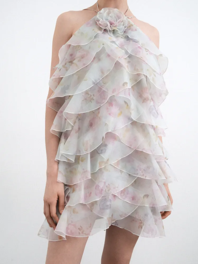 Далия мини (Dahlia mini), платье мини из голубой органзы с цветочным принтом 