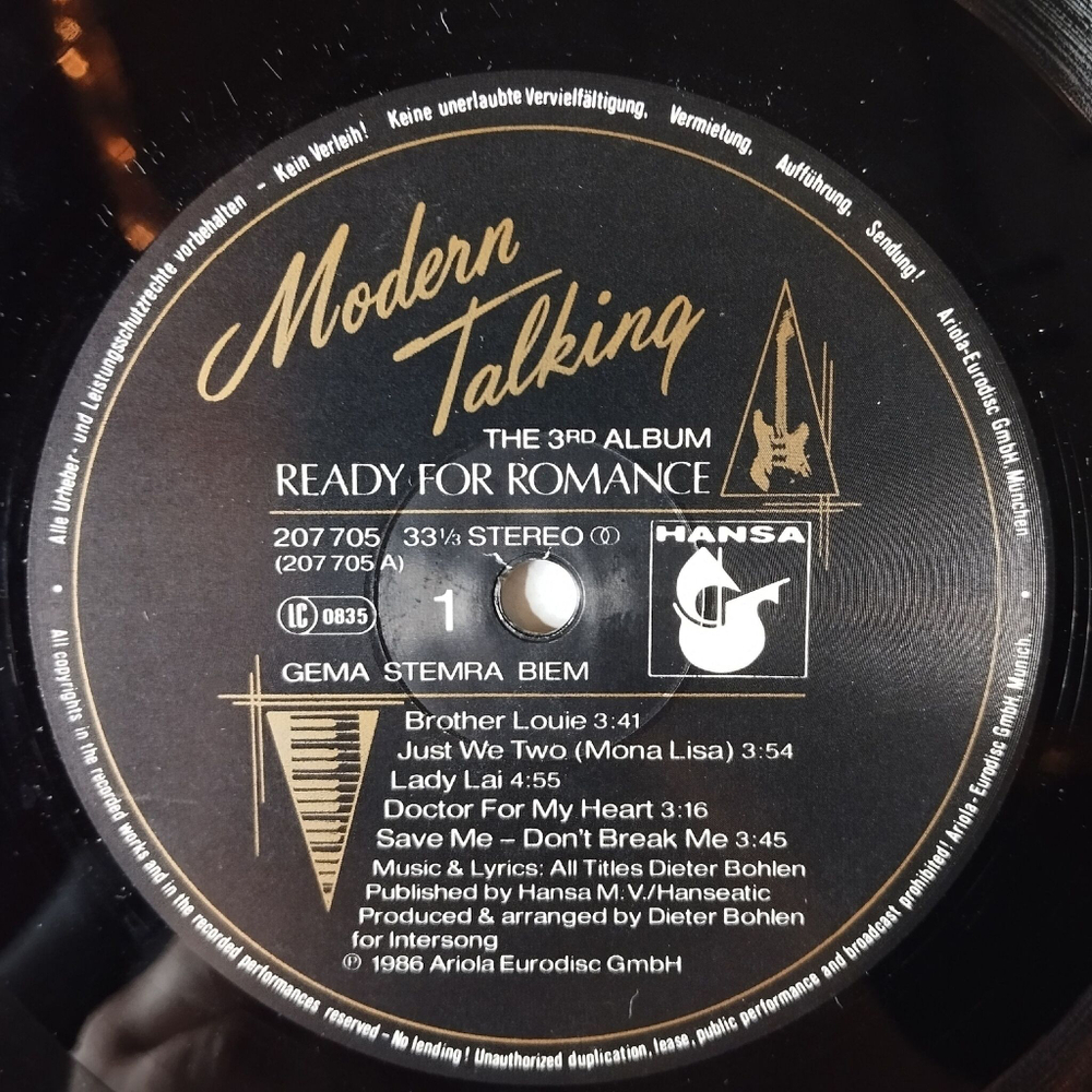 Винтажная виниловая пластинка LP Modern Talking Ready For Romance (The 3rd Album) (Germany 1986) Doctor For My Heart