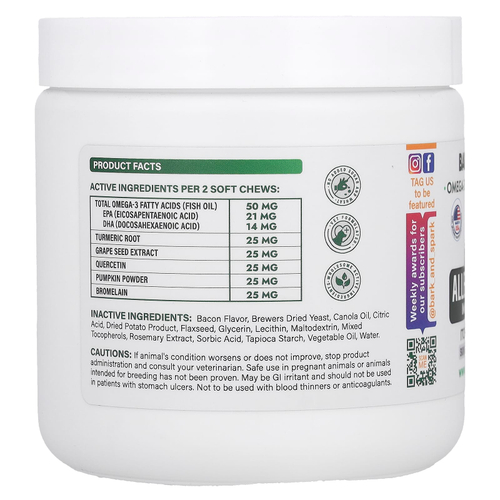 Bark&Spark, Allergy Relief Immune Chews, средство от зуда на коже, для собак, со вкусом бекона, 120 жевательных таблеток, 264 г (9,3 унции)