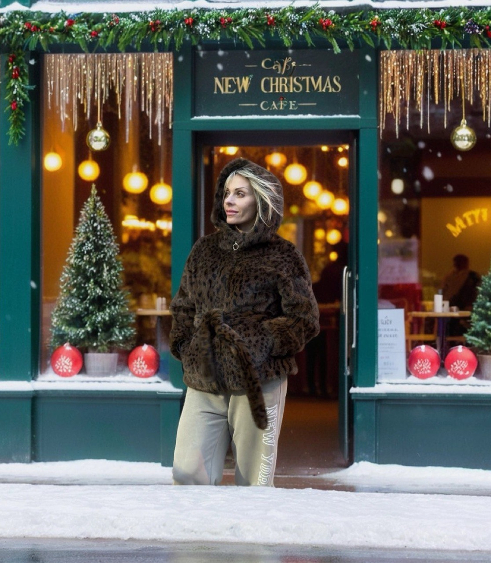 Шуба леопард с поясом / коричневый