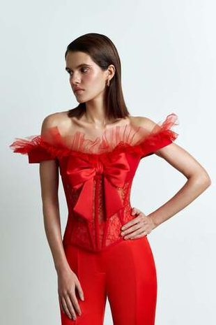 Tоп корсетного типа из крепа и кружева с рюшами и бантом