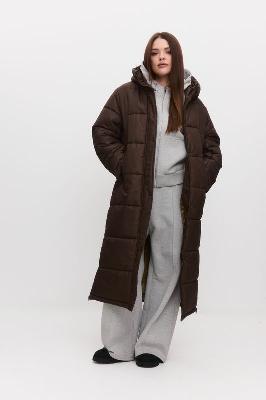 Пуховик длинный стеганый, шоколад