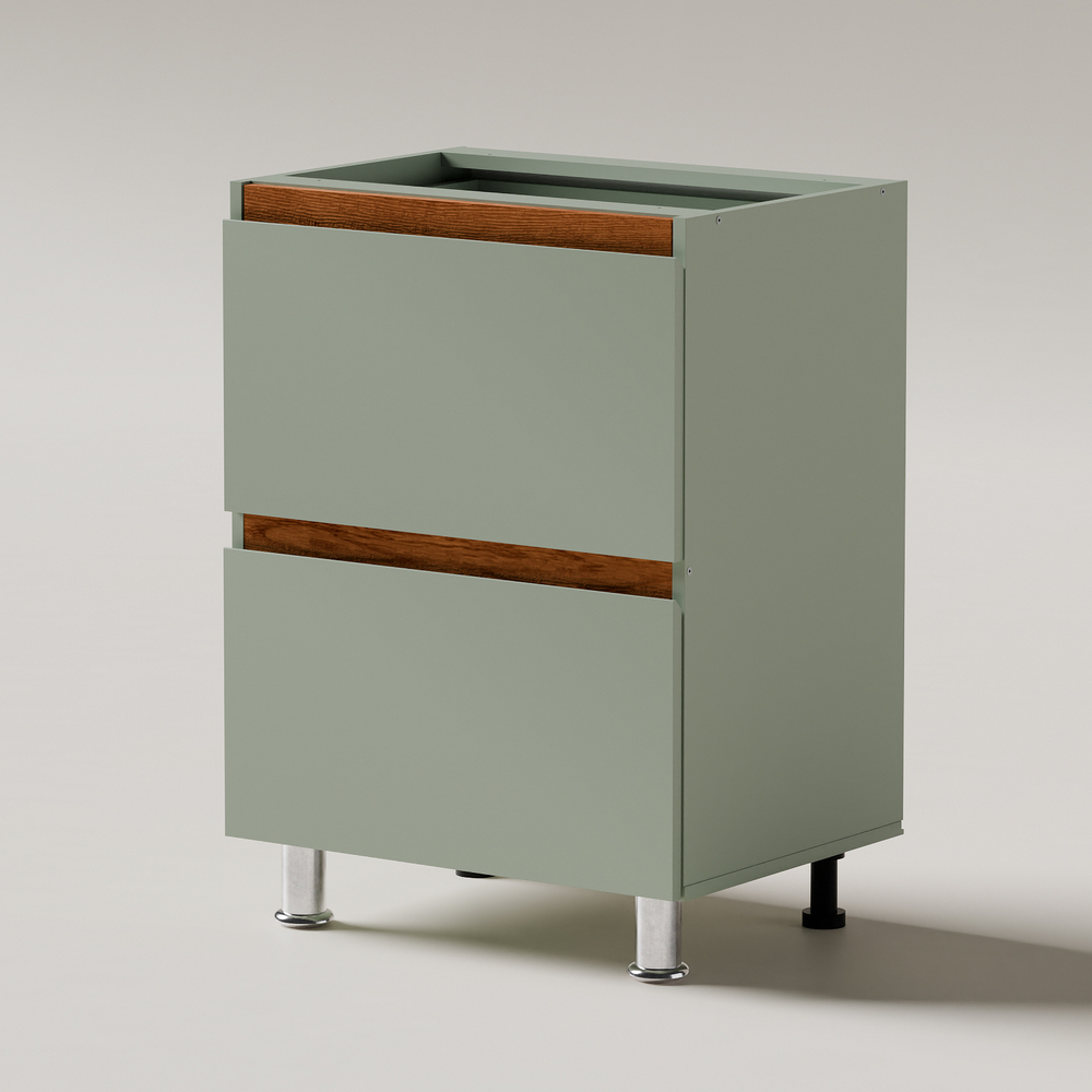 Кухонный модуль напольный 60 см Малага с 3-мя ящиками, с дубовыми панелями, на ножках / зеленый самшит, массив дуба