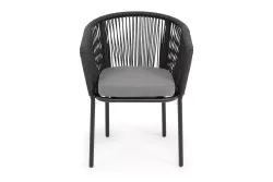 "Марсель" стул плетеный из роупа, каркас алюминий черный муар, роуп темно-серый круглый, ткань темно-серая 027