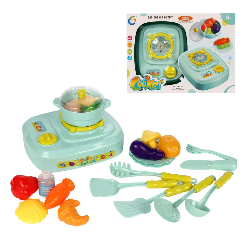 Набор "Кухня" на бат. 34*8*25см, в ком.: плита, посуда, продукты, настоящий пар, звук. и свет, коробка