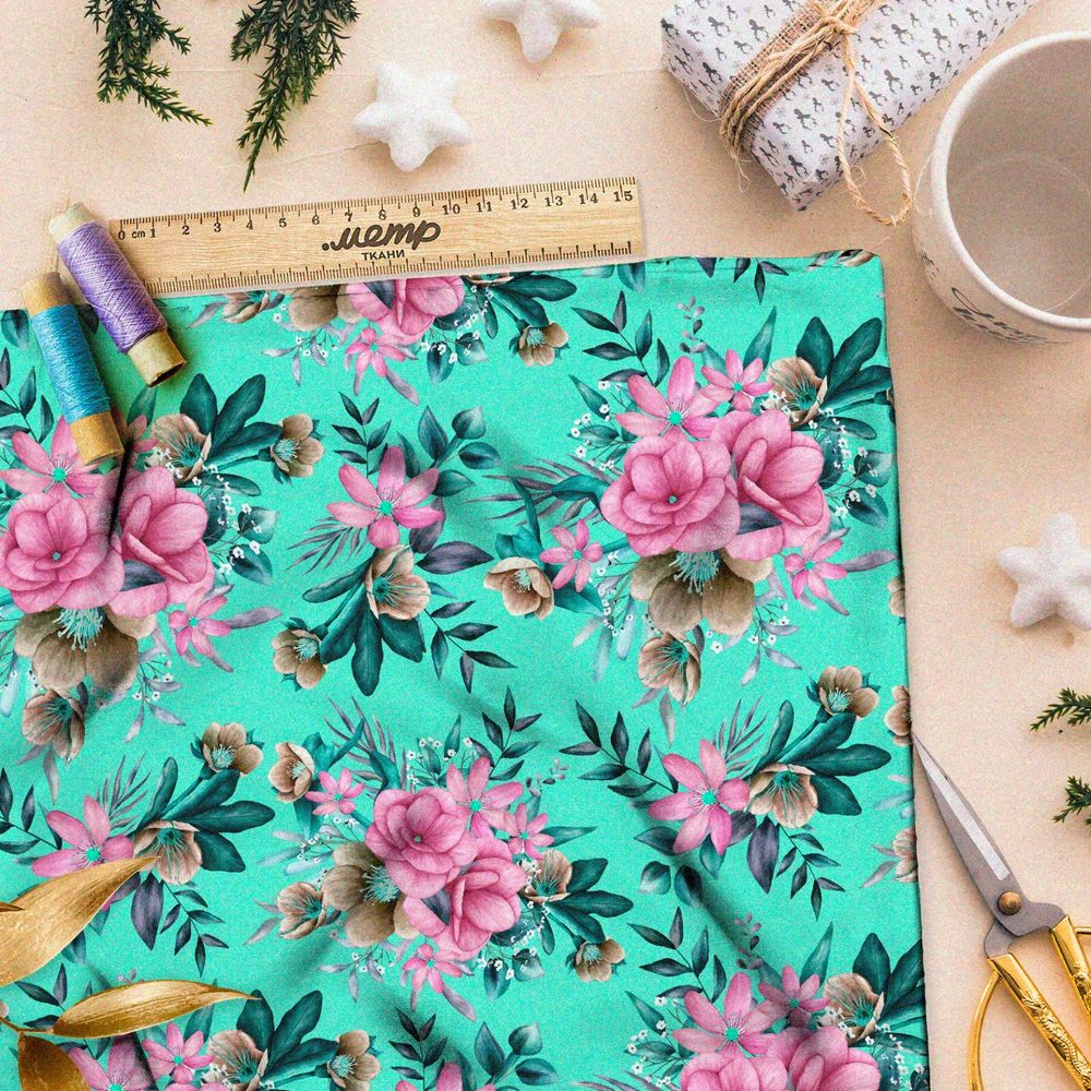 Ткань шифон яркие розовые цветы на бирюзовом фоне