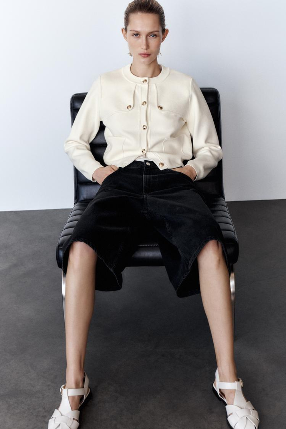 ZARA КАРДИГАН С ЗОЛОТИСТЫМИ ПУГОВИЦАМИ, ЭКРЮ