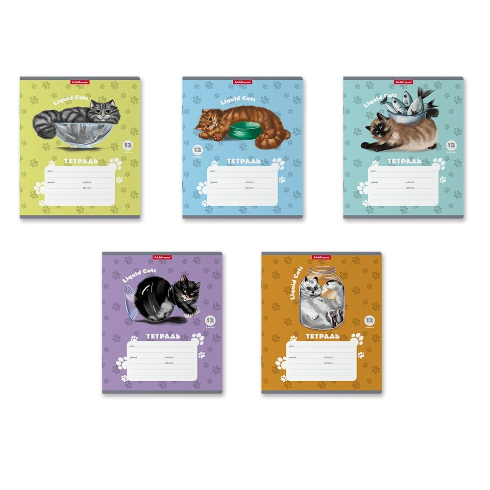 Тетрадь 12л., клетка, Erich Krause скрепка, блок офсет, мелованный картон "Жидкие коты", ассорти