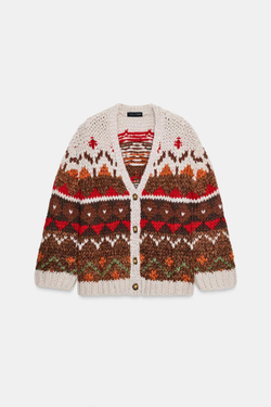 ZARА ЖАККАРДОВЫЙ ТРИКОТАЖНЫЙ КАРДИГАН, БЕЖЕВО-КОРИЧНЕВЫЙ