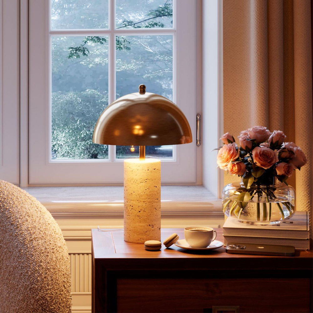 7089/2T MIDCENT ODL25 233 Настольный светильник с выкл. Бронзовый/металл/камень травертин IP20 2*LED E14 7W 220V RUFINA