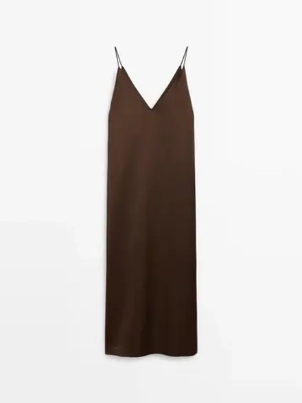 Massimo Dutti Атласное платье миди в бельевом стиле, шоколадный