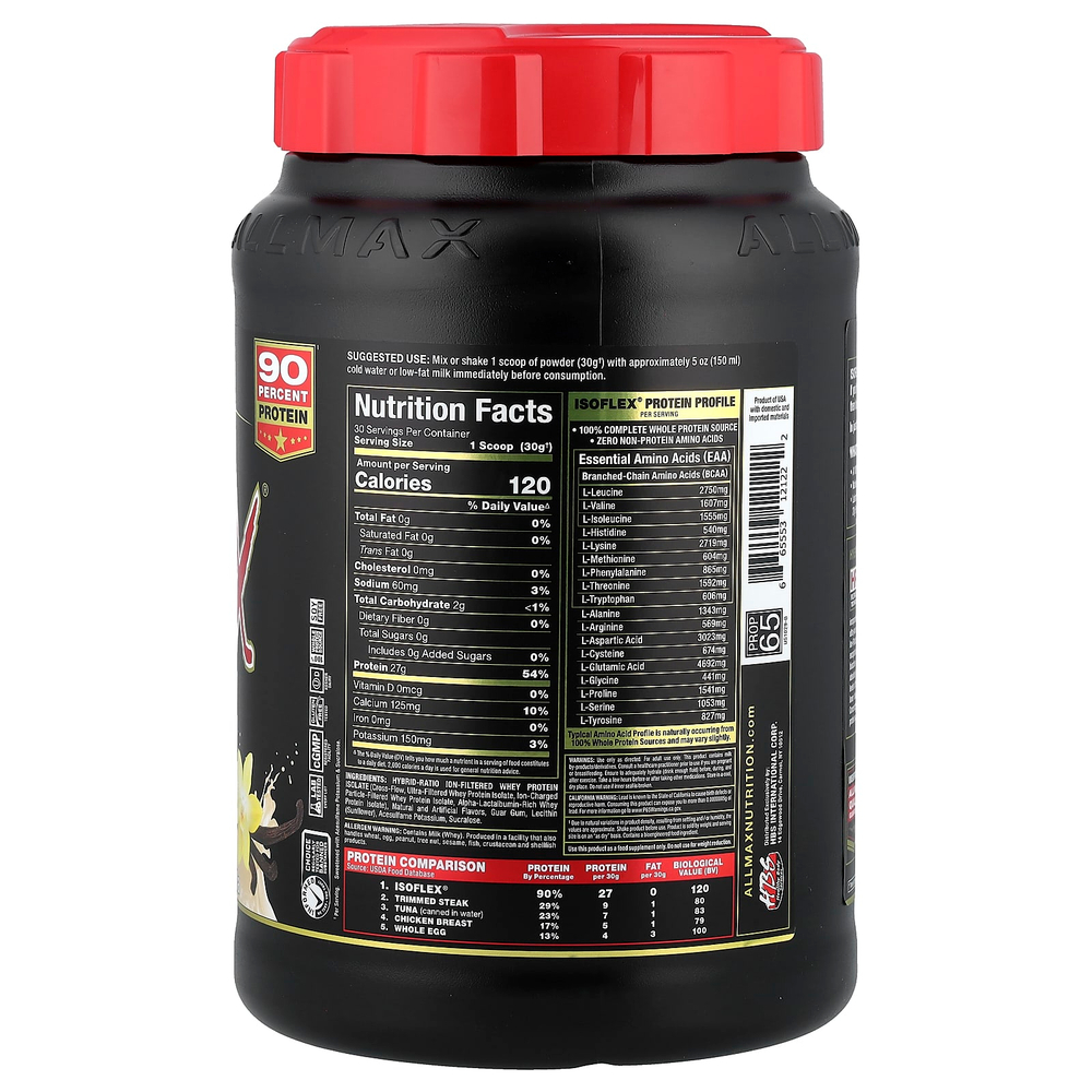 ALLMAX, ISOFLEX®, чистый изолят сывороточного протеина, ваниль, 907 г (2 фунта)
