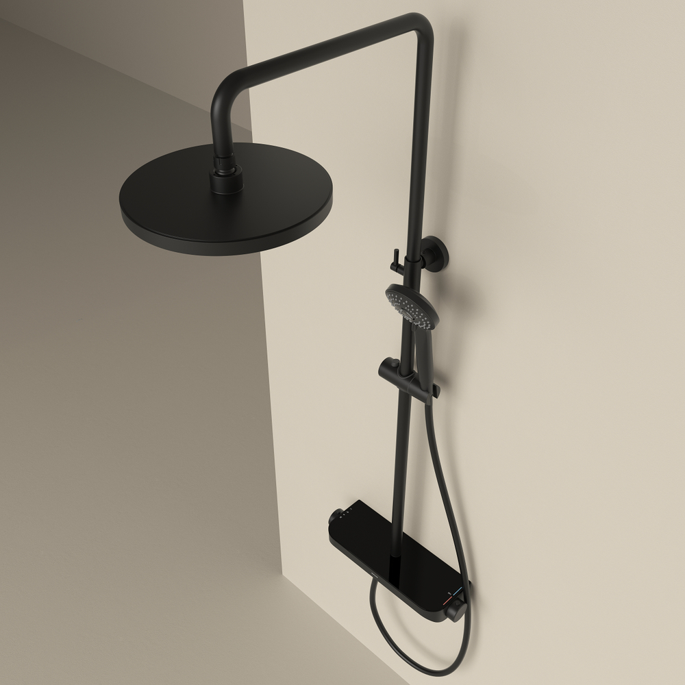 Душевая стойка Sancos Teo с термостатом, изливом и полкой, черный матовый, SC11002MB