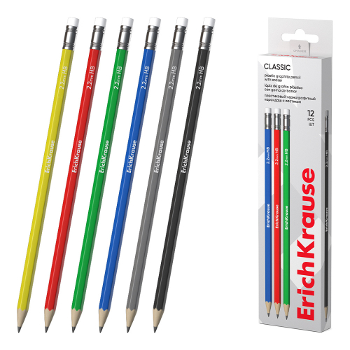 Карандаш чернографитный с ластиком пластиковый твердость HB "Classic 101" ассорти ERICH KRAUSE 55268