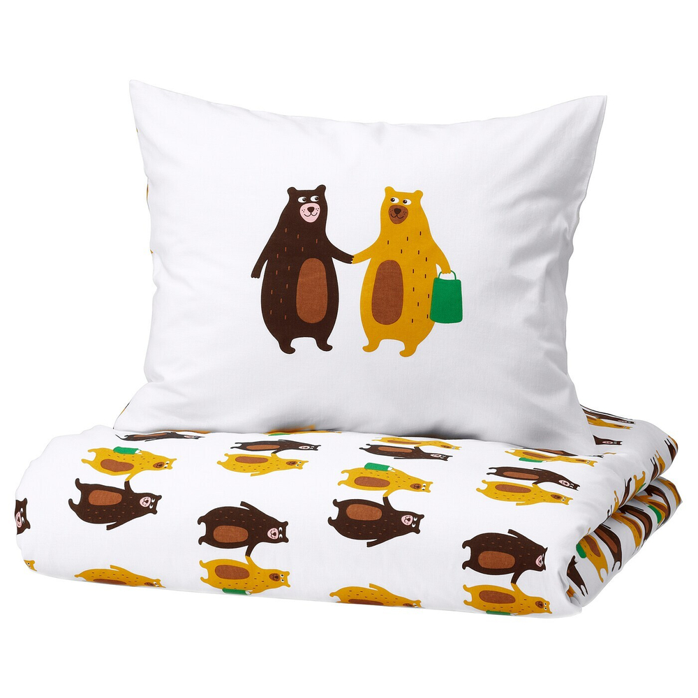BRUMMIG Пододеяльник и наволочка, рисунок медведя, желтый/коричневый, 150x200/50x60 см