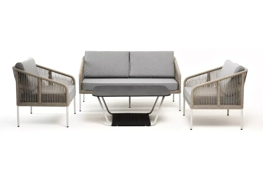 "Канны" лаунж-зона 4-местная из роупа со столом "Глория" (серый гранит), каркас алюминиевый светло-серый, роуп серый меланж