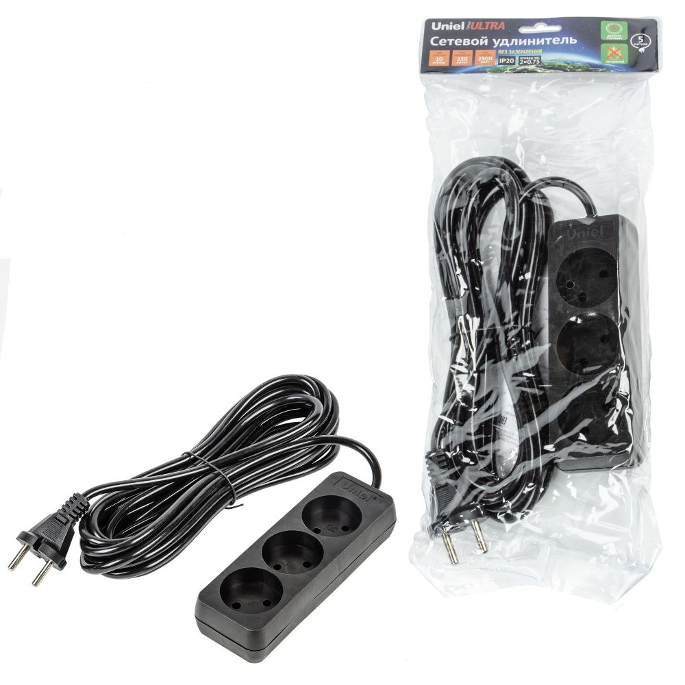 S-CU3-5 BLACK Удлинитель серии Ultra. шнур 5м.. 3 гнезда. 10A. б-з. Черный. TM Uniel