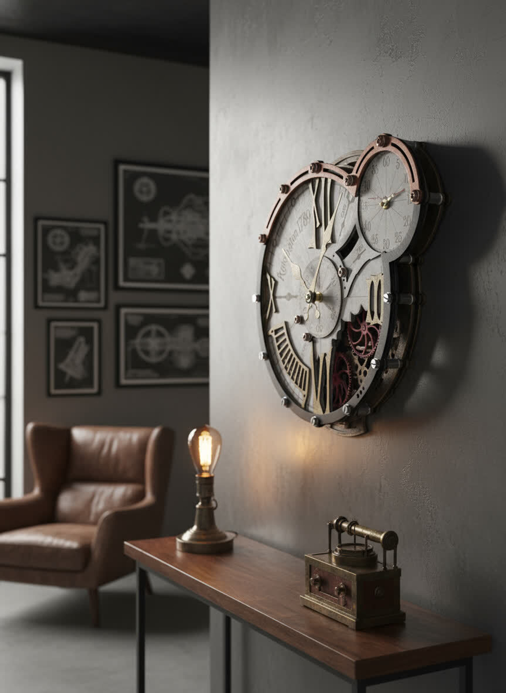 Интерьер в викторианском стиле с настенными часами WOODandROOT Automaton 1789 Hermitage над столом и лампой
