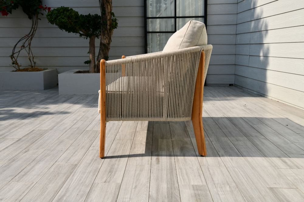 "Сидней" диван 2-местный плетеный из роупа, основание тик, каркас алюминий бежевый, роуп бежевый, ткань бежевая