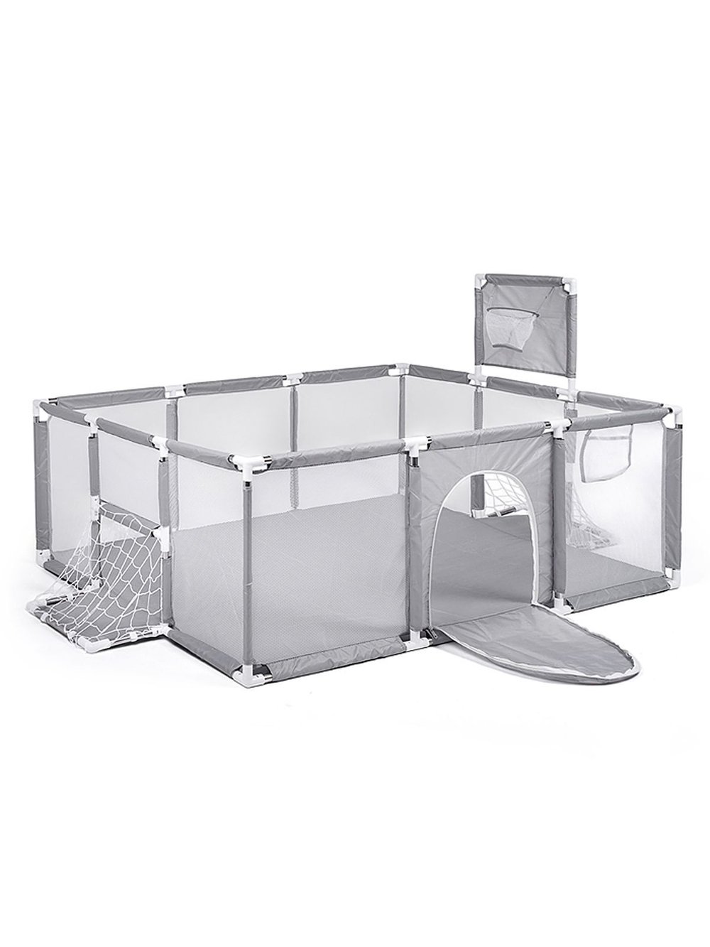 Манеж детский прямоугольный с баскетбольным кольцом и воротами (120*180*60) цвет серый (М11-2)