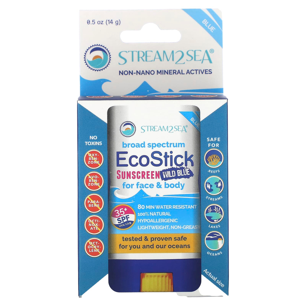 Stream2Sea, EcoStick Sunscreen Wild Blue, SPF 35+, 14 г (0,5 унции)