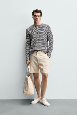 ZARA ШОРТЫ REGULAR FIT ИЗ РЕЛЬЕФНОЙ ТКАНИ, СВЕТЛО-БЕЖЕВЫЙ