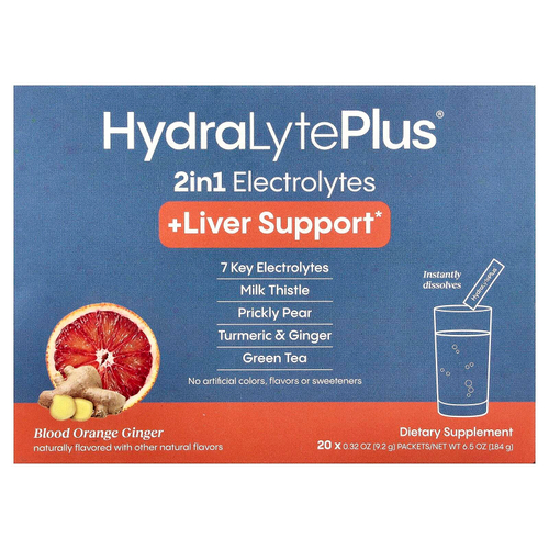 Hydralyte, HydraLyte Plus®, поддержка печени, красный апельсин и имбирь, 20 пакетиков по 9,2 г (0,32 унции)