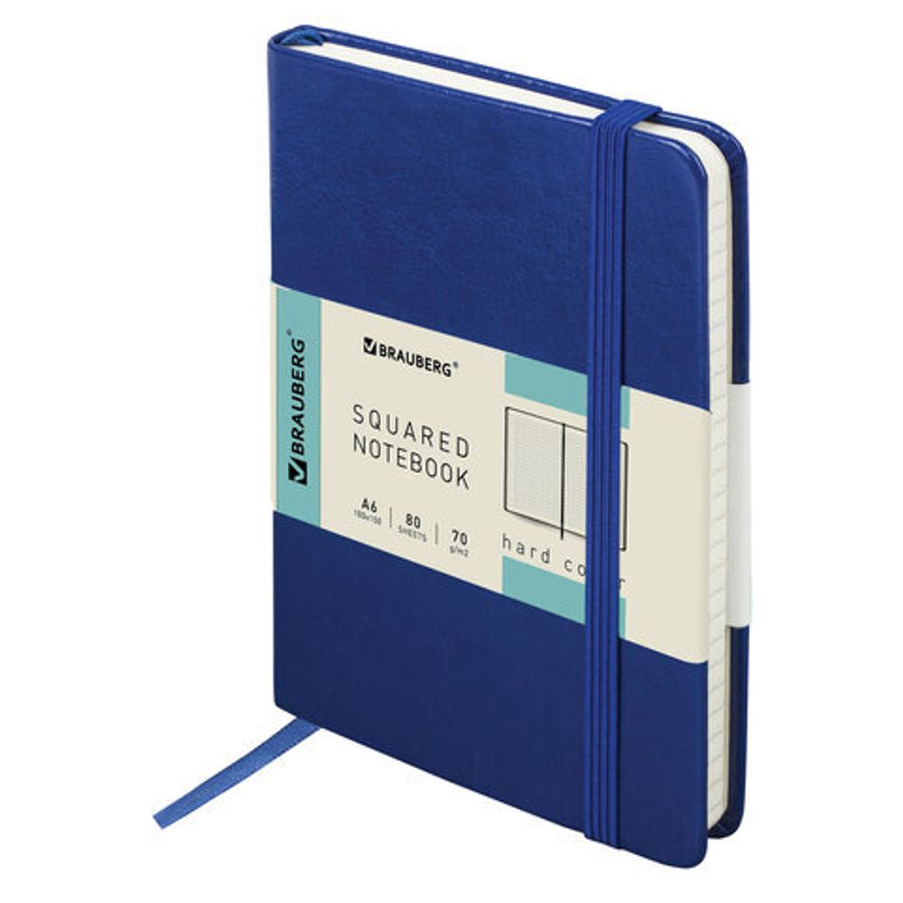 Блокнот в клетку с резинкой МАЛЫЙ ФОРМАТ А6 (100x150 мм), 80 л., под кожу синий BRAUBERG "Metropolis Special", 111580