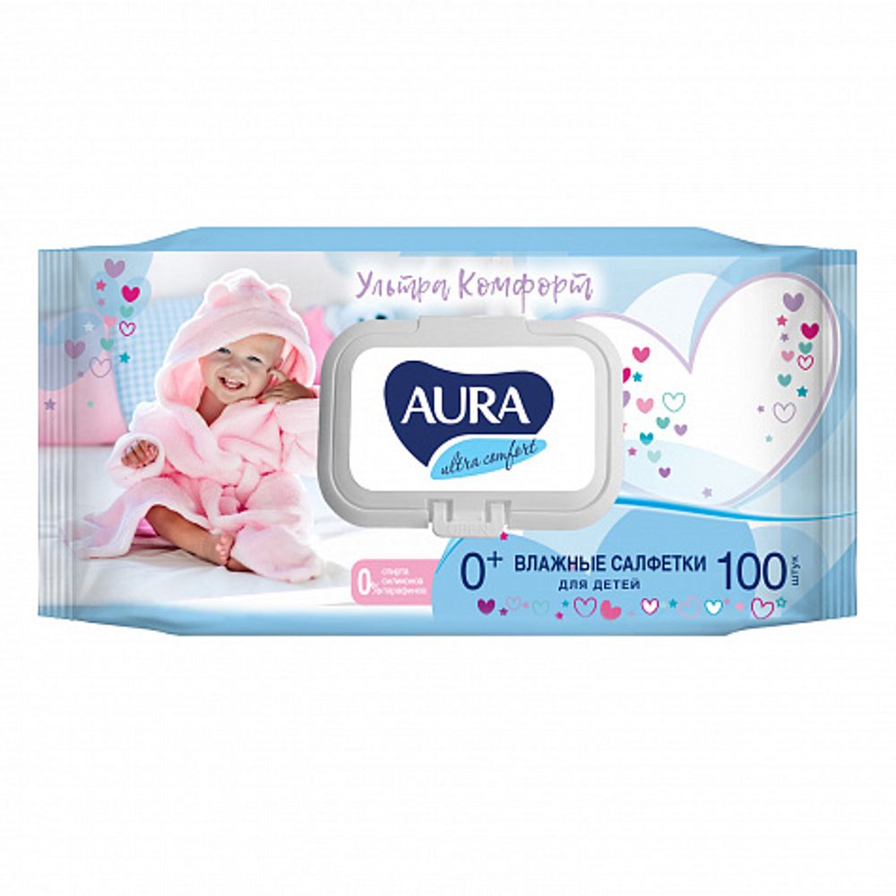 Влажные салфетки Aura Ultra Comfort для детей, с экстрактом алоэ и витамином Е, с крышкой, 100 шт