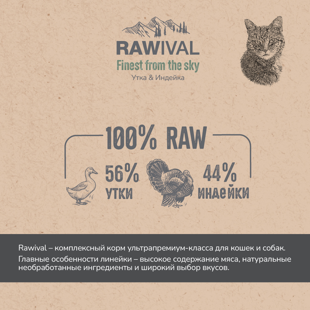 Сухой корм RAWIVAL для взрослых кошек с уткой и индейкой - 1,7 кг