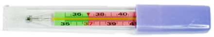 Термометр  медицинский максимальный стеклянный цветная шкала .арт.1232 (коробка -12 шт. ящик 360 шт.)