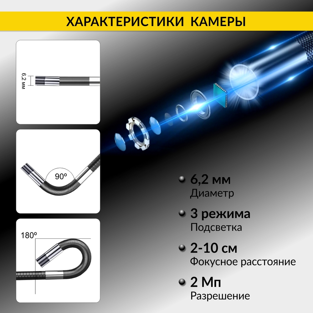 Видеоэндоскоп управляемый, экран 5", 2Мп, 1920x1080, 1м, 6.2мм, 360° iCartool IC-VC8052W