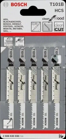 Пилка для лобзика T101B по дереву, сталь HCS, длина 100 мм, уп. 5 шт.