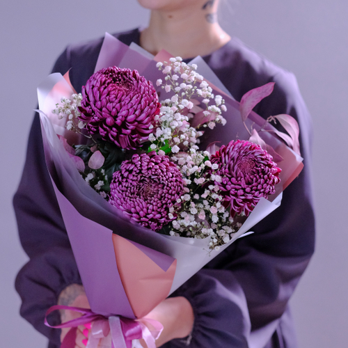 Купить Букет-комплимент премиальных хризантем Bigoudi Purple #992