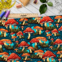 Ткань премиум таффета грибы в сказочном лесу