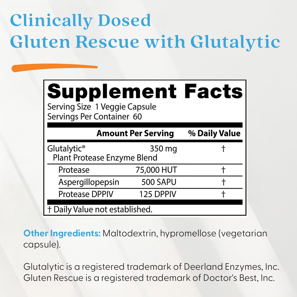 Doctor's Best, Gluten Rescue®, смесь ферментов для переваривания глютена, 60 растительных капсул